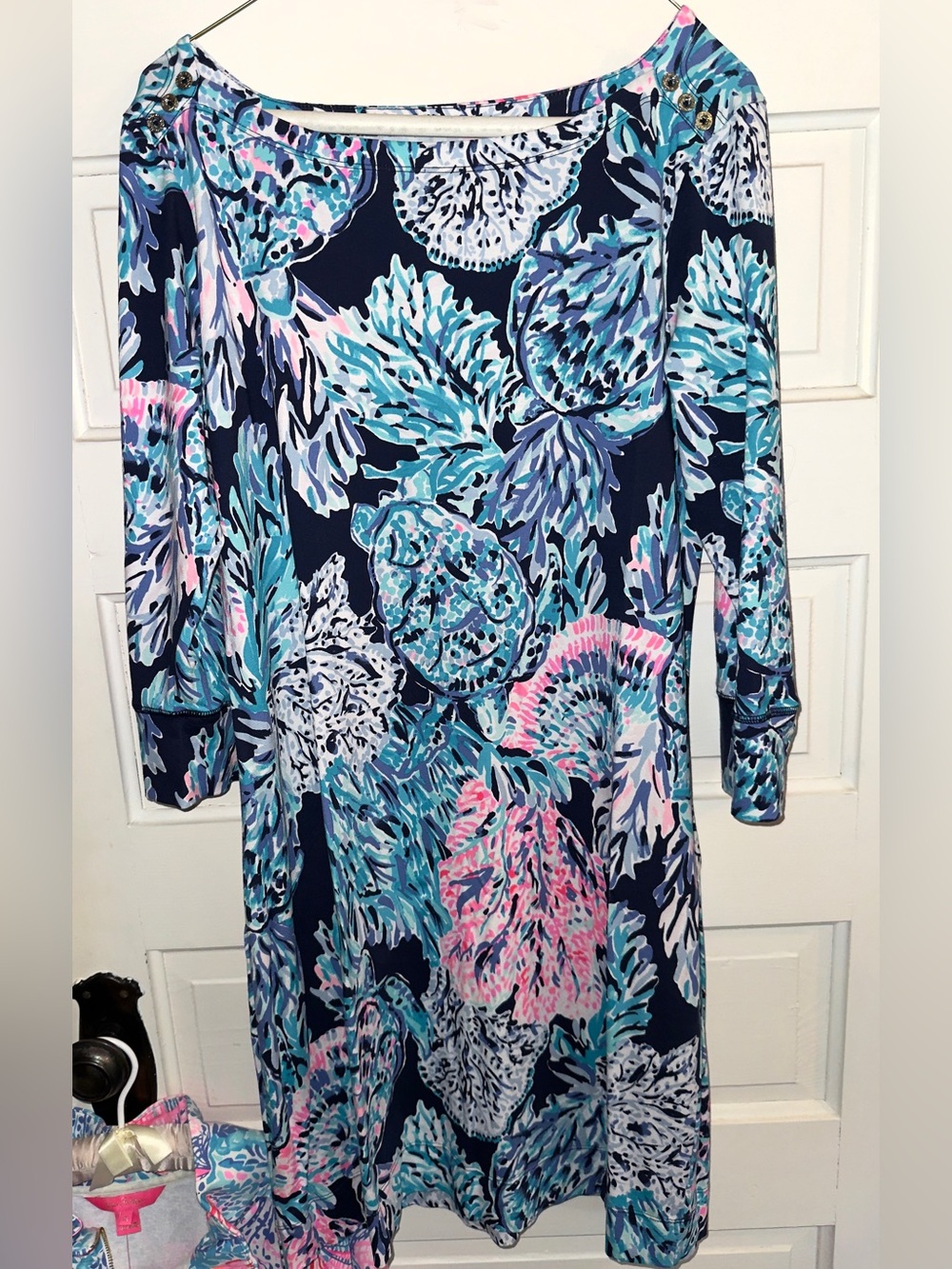 Lilly Pulitzer Sophie UPF 50+ High Tide Navy Party Paradise Large Dress Buttons
